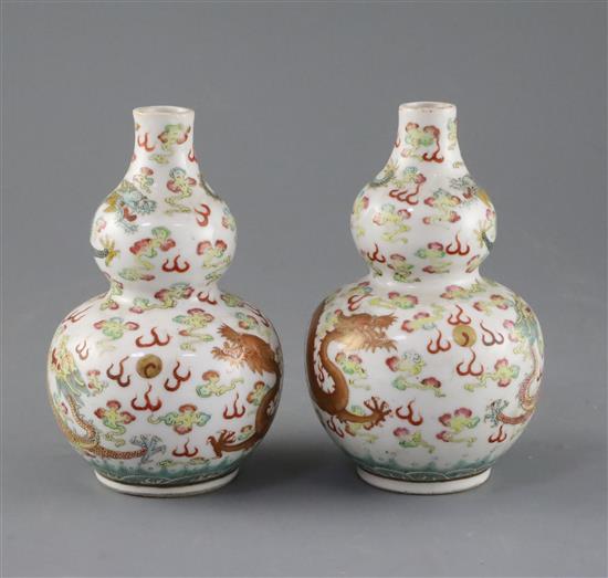 A pair of Chinese famille rose double gourd dragon vases, Guangxu six character mark and of the period (1875-1908), H.14cm